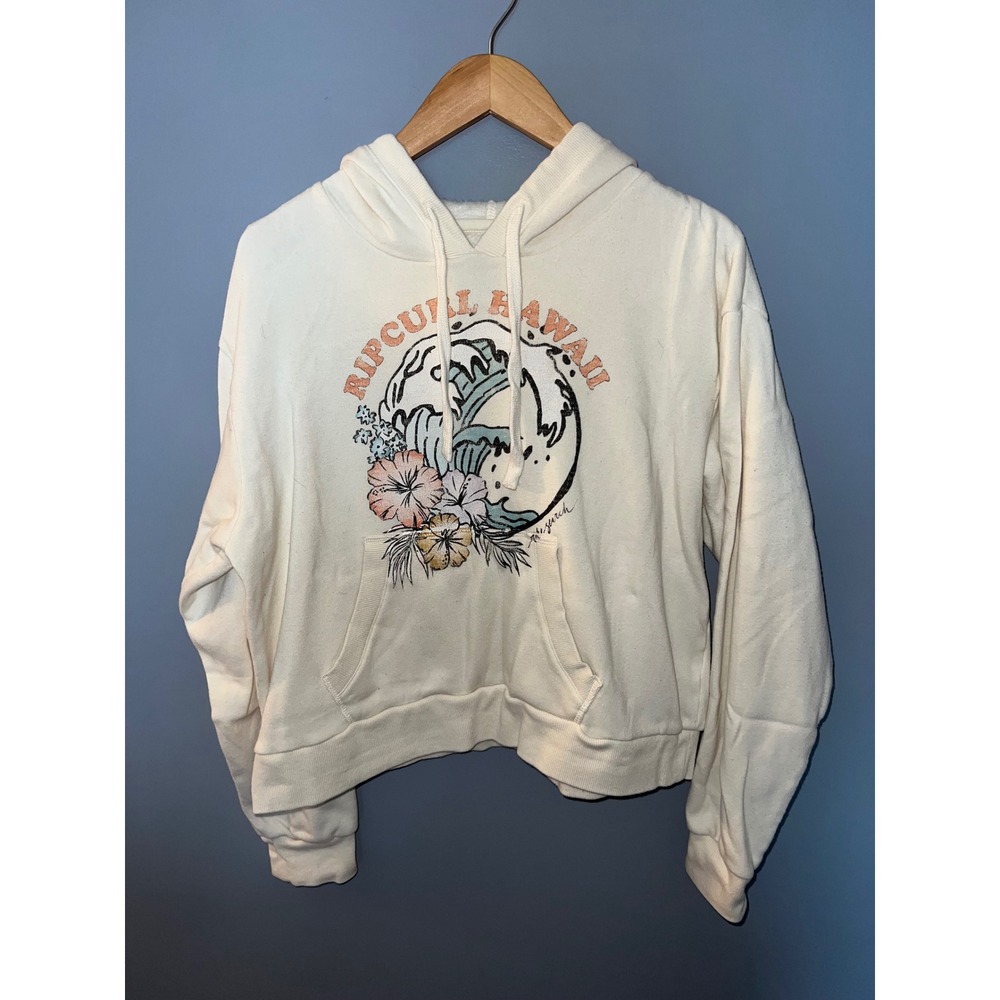 Rip Curl Hawaii Wave Floral Graphic Cropped Hoodie Cream Off-White Medium